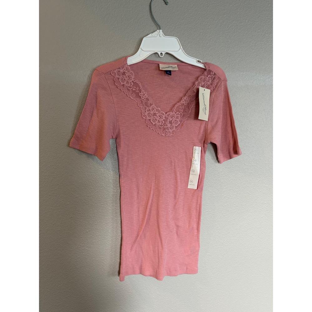 Universal Thread Womens Pink Ribbed Lace V-Neck Short Sleeve Top XS NWT